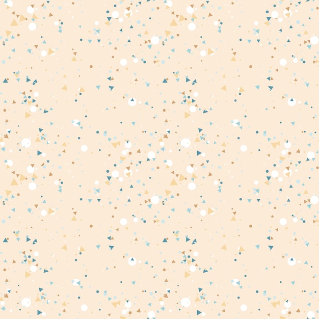 Abstract seamless pattern with colorful chaotic small circles and triangles on beige.