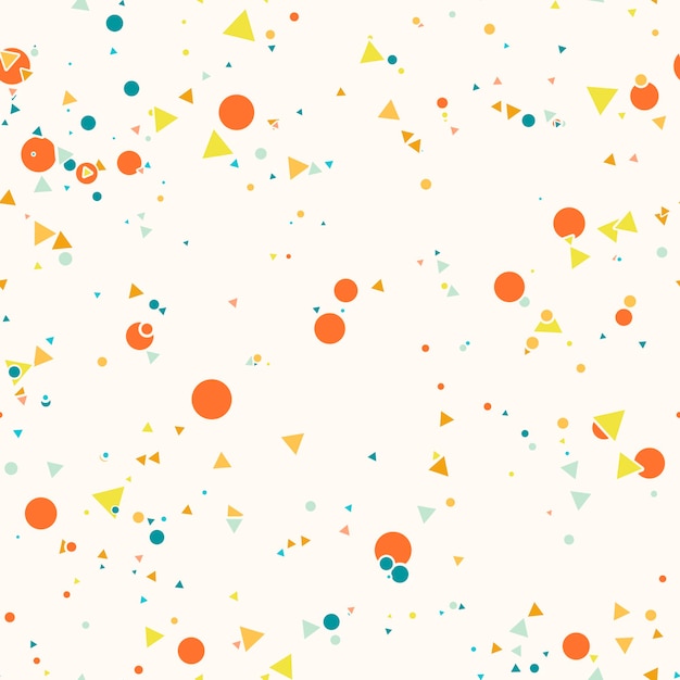 Abstract seamless pattern with colorful chaotic small circles and triangles on beige.