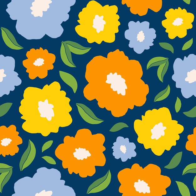 Vector abstract seamless pattern with colorful flowers and leaves on a blue background