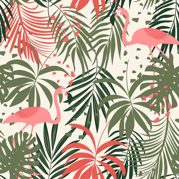 Абстрактная безшовная картина с красочными тропическими листьями и фламинго на пастели