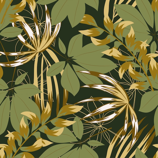 Abstract seamless pattern with colorful tropical leaves and flowers on gree