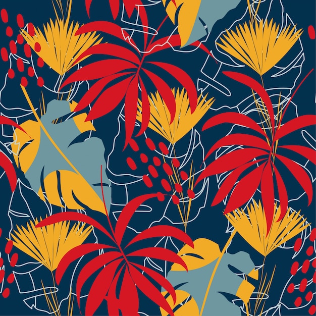 Abstract seamless pattern with colorful tropical leaves and plants on blue background