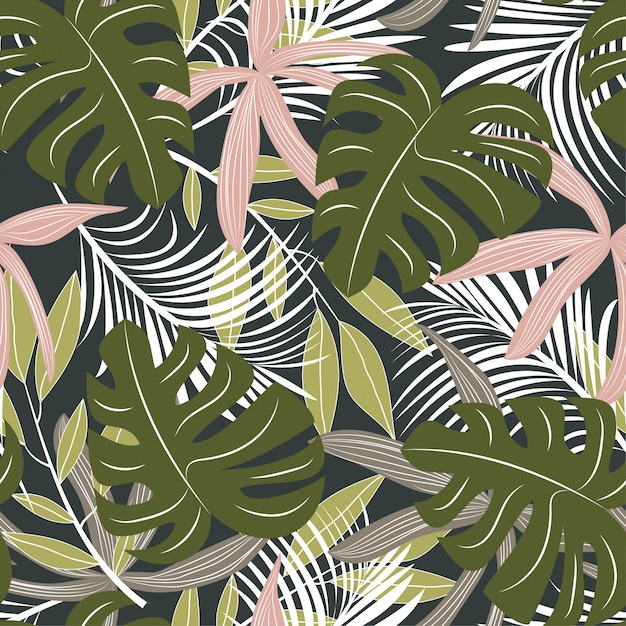 Vector abstract seamless pattern with colorful tropical leaves and plants on dark background