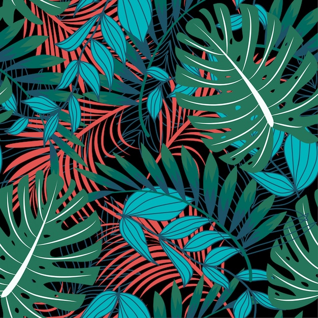Abstract seamless pattern with colorful tropical leaves and plants on dark background