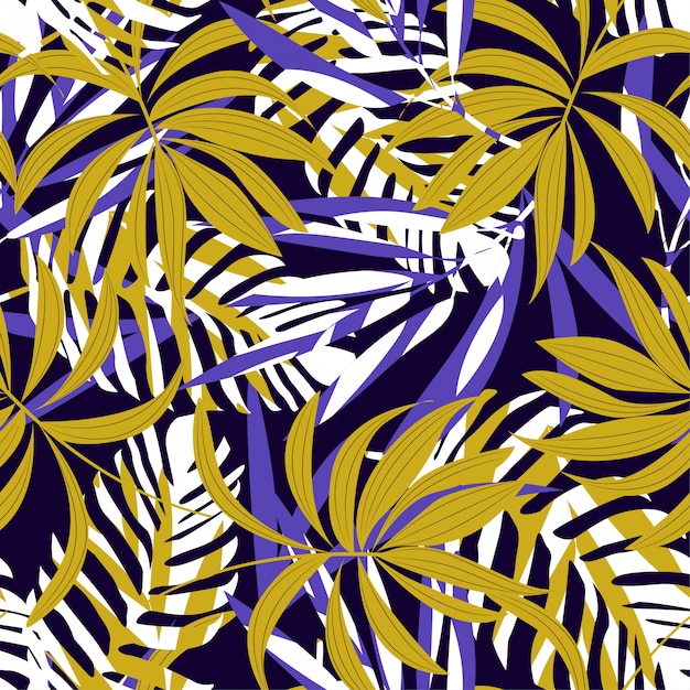 Abstract seamless pattern with colorful tropical leaves and plants on purple