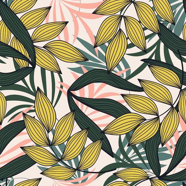 Abstract seamless pattern with colorful tropical leaves and plants on white background