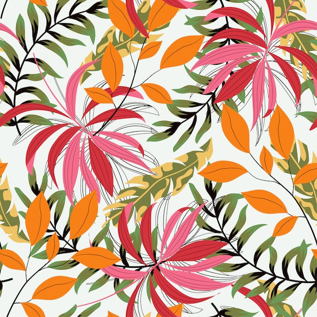Abstract seamless pattern with colorful tropical leaves and plants