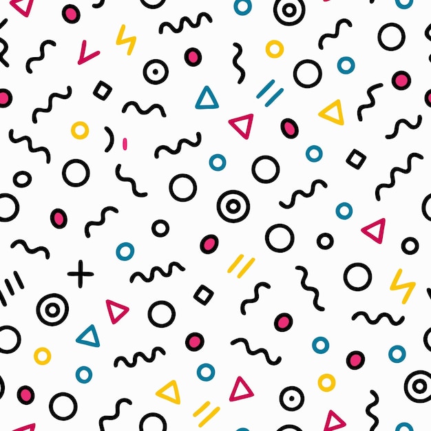 白い背景のピンク,黄色,青の色でジグザグの円と線を描いた幾何学的な形状の抽象的なシームレスパターン