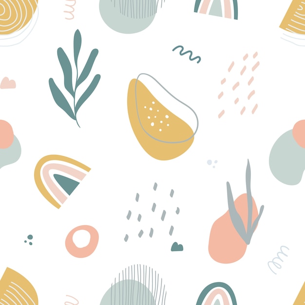 Abstract seamless pattern with hand drawn botanical and geometric shapes. Pastel natural colors