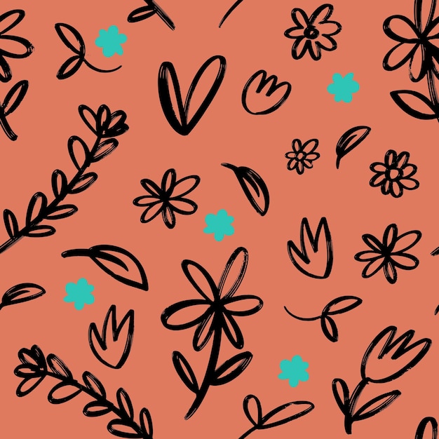 Vector abstract seamless pattern with hand drawn flower shapes spots dots and lines with textures