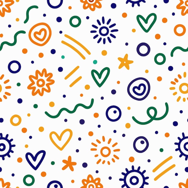 手描きのハート花太陽円線点の抽象的なシームレスパターン白い背景のオレンジ色緑色青色