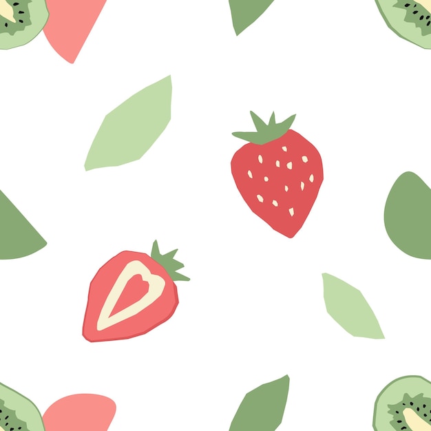 Abstract seamless pattern with kiwi and strawberry Vector wallpaper on a white background for textiles kitchen design or product packaging