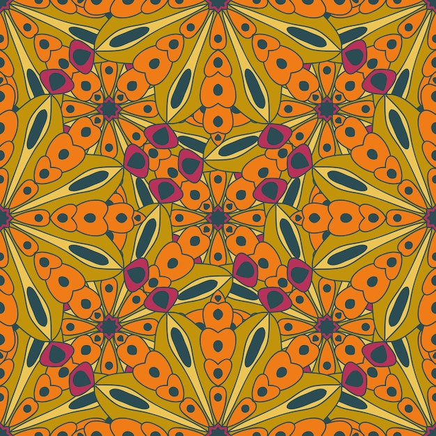 マンダラの花と抽象的なシームレス パターン。モザイク、タイル。花の背景。