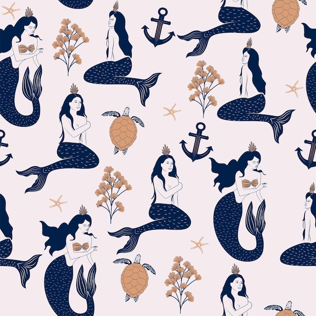 Vector abstract seamless pattern with mystical under sea and mermaid