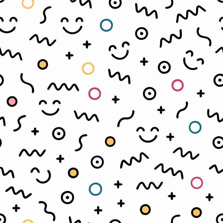 Vector abstract seamless pattern with smileys circles pluses and zigzags in black and white and yellow blue red and pink colors