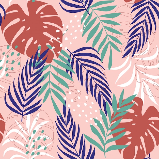 Abstract seamless pattern with tropical leaves