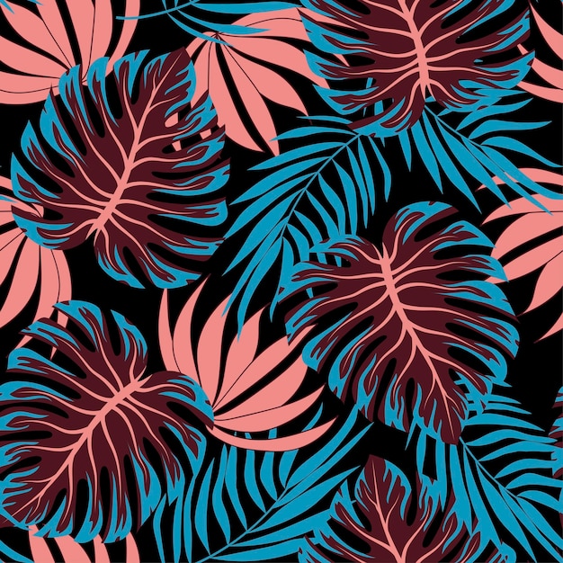 Абстрактный бесшовный тропический узор с яркими растениями и листьями на темно-синем фоне