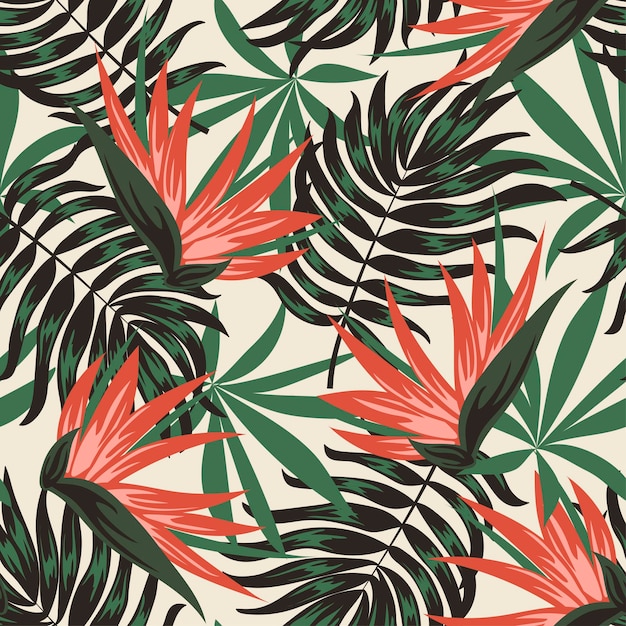 Vector abstract seamless tropical pattern with bright plants and leaves on a beige background beautiful