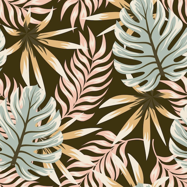 Abstract seamless tropical pattern with bright plants and leaves on a beige background