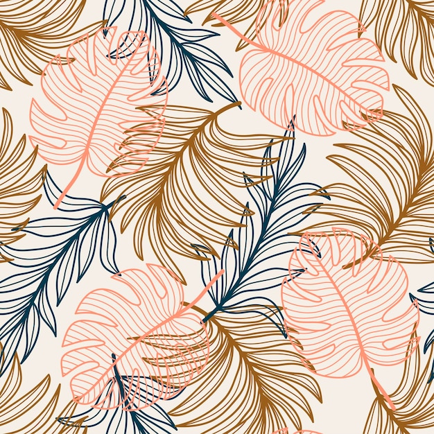 Abstract seamless tropical pattern with bright plants and leaves on a beige background