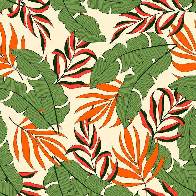 Abstract seamless tropical pattern with bright plants and leaves on a beige background