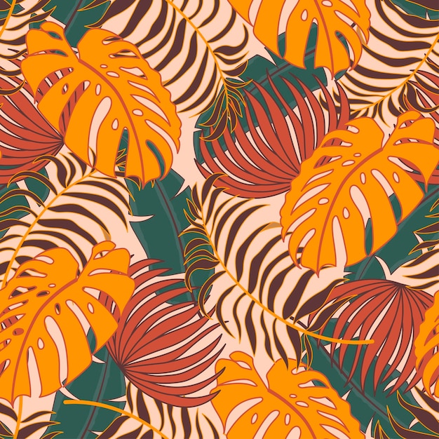 Abstract seamless tropical pattern with bright plants and leaves on a beige background