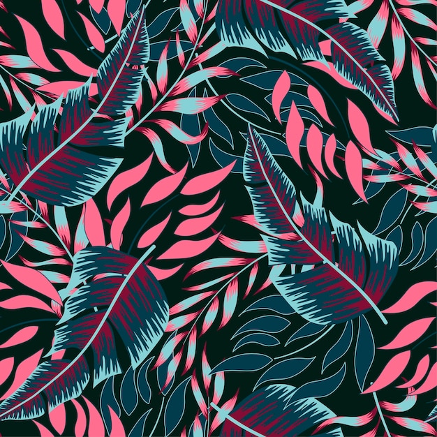 Abstract seamless tropical pattern with bright plants and leaves on a black background