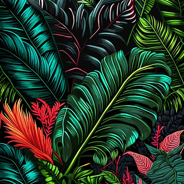 Abstract seamless tropical pattern with bright plants and leaves on a black background