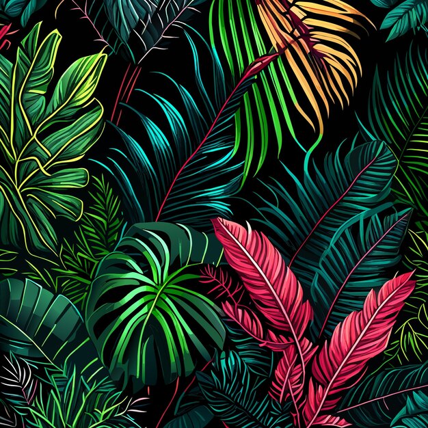 Abstract seamless tropical pattern with bright plants and leaves on a black background