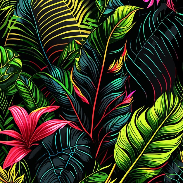 Vector abstract seamless tropical pattern with bright plants and leaves on a black background