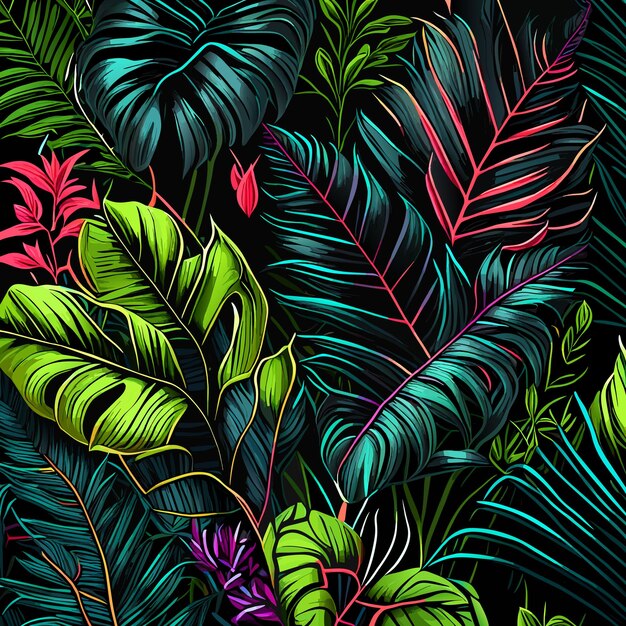 Abstract seamless tropical pattern with bright plants and leaves on a black background