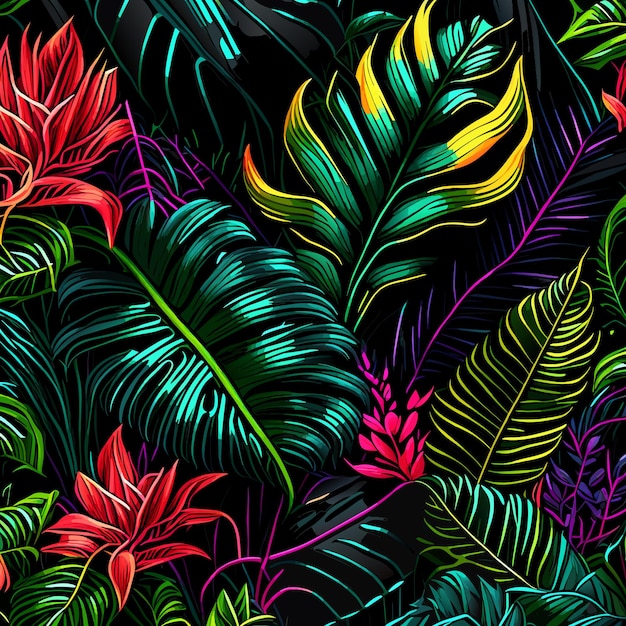 Vector abstract seamless tropical pattern with bright plants and leaves on a black background