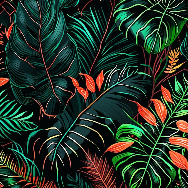 Vector abstract seamless tropical pattern with bright plants and leaves on a black background