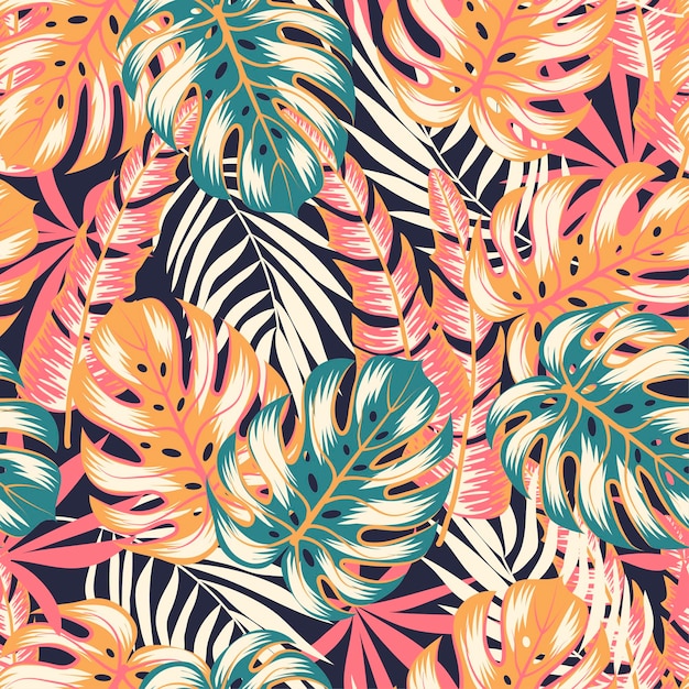 Abstract seamless tropical pattern with bright plants and leaves on a dark background