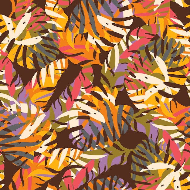 Abstract seamless tropical pattern with bright plants and leaves on a dark background