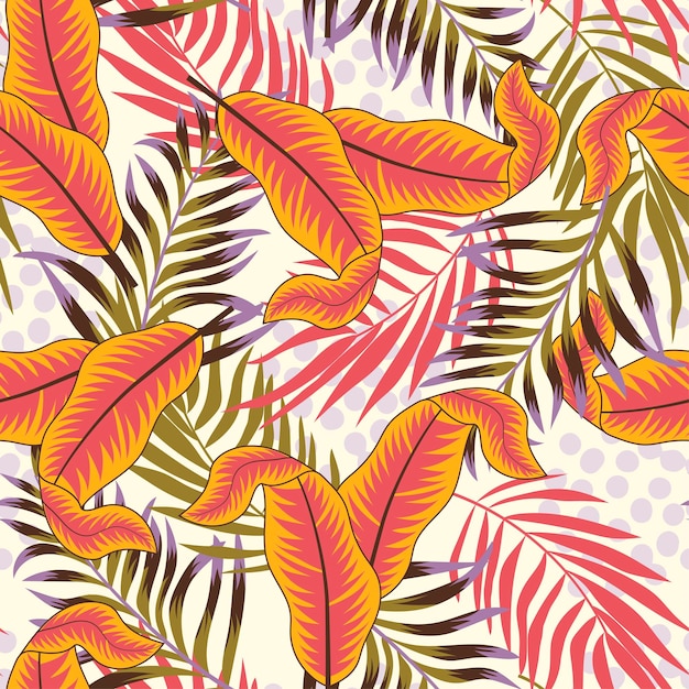 Vector abstract seamless tropical pattern with bright plants and leaves on a pastel background