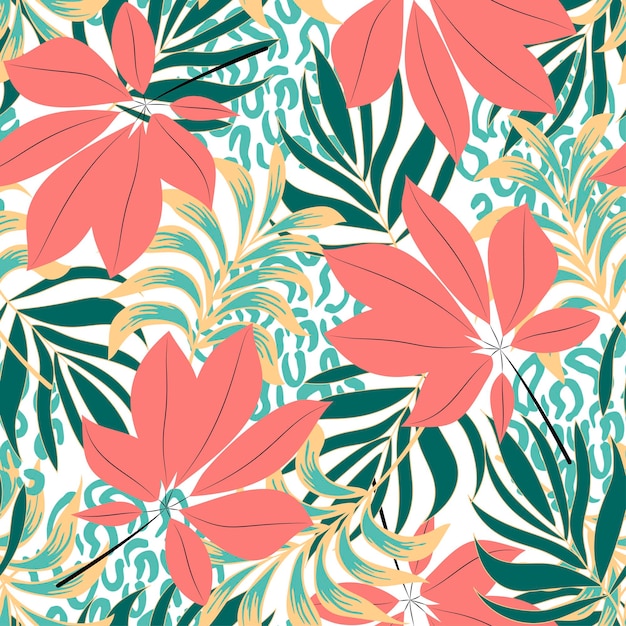 Abstract seamless tropical pattern with bright plants and leaves on a white background