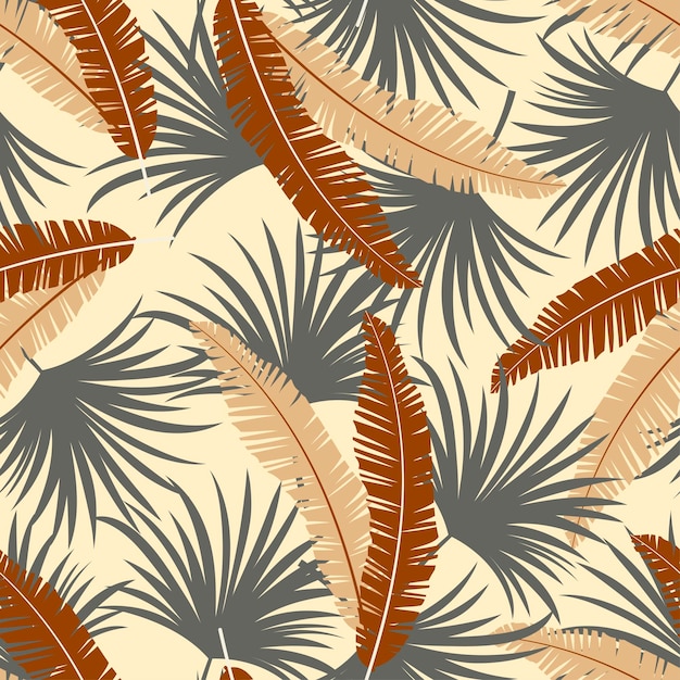 Abstract seamless tropical pattern with bright plants and leaves on a yellow background