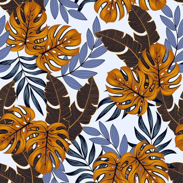 Abstract seamless tropical pattern with bright plants and leaves