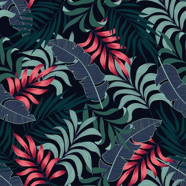 Abstract seamless tropical pattern with bright red and blue plants and leaves