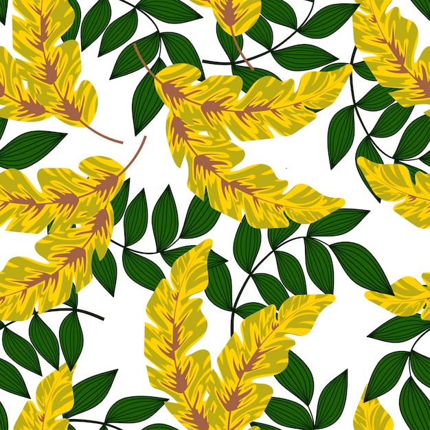 Vector abstract seamless tropical pattern with colorful plants and leaves on a white background