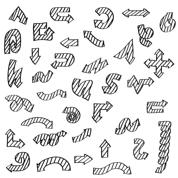 Abstract set black collection hand drawn different arrows elements vector design sketch style doodle