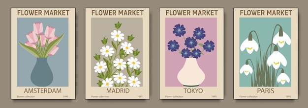 Abstract set Flower Market posters Trendy botanical wall arts with floral design in bright colors