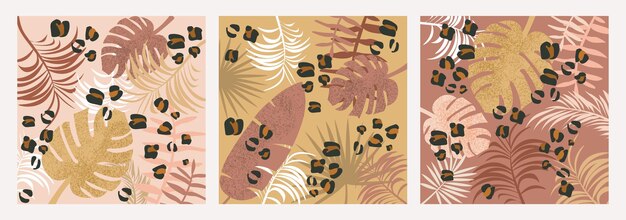 Abstract set of posters backgrounds with tropical leaves and leopard spots design elements for