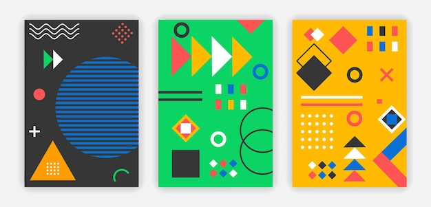 Abstract set of posters in memphis style retro art with geometric shape line and wave colorful