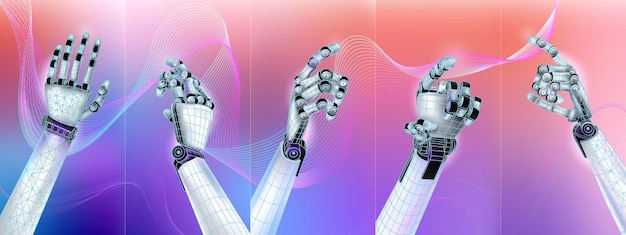 Abstract set of robotic hands with gesture options in virtual space