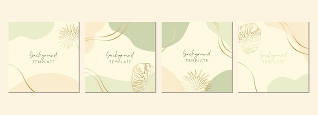 Abstract set of square templates with monstera tropical leaves and geometric shapes