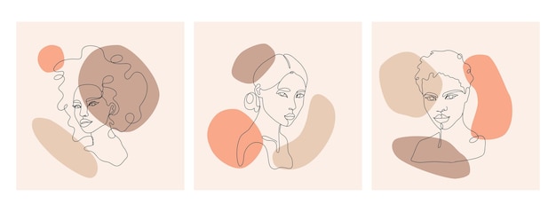 Abstract set with Woman face. Continuous line. Vector cards in minimalistic style. Modern Design concept.