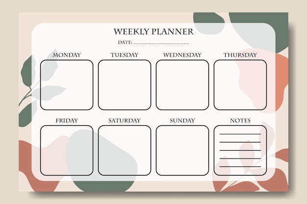 Vector abstract shape and leaf weekly planner template printable