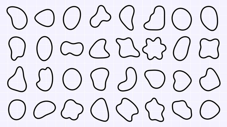 Vector abstract shapes in black outline on a grid background various abstract forms repeat creating a pattern of abstract shapes simple black abstract shapes black shape vector set